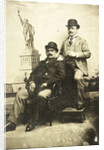 Portrait of two men for a painted backdrop with the Statue of Liberty in New York, USA by Anonymous