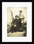 Portrait of two men for a painted backdrop with the Statue of Liberty in New York, USA by Anonymous
