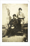 Portrait of two men for a painted backdrop with the Statue of Liberty in New York, USA by Anonymous