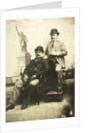 Portrait of two men for a painted backdrop with the Statue of Liberty in New York, USA by Anonymous