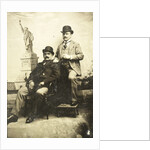 Portrait of two men for a painted backdrop with the Statue of Liberty in New York, USA by Anonymous