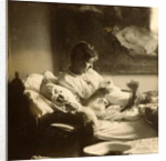 Marie Jordan dressed sitting in bed with a cup in her hands by George Hendrik Breitner