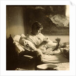 Marie Jordan dressed sitting in bed with a cup in her hands by George Hendrik Breitner