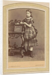 Portrait of a girl in a dress with tartan at a desk with books by Albert Greiner