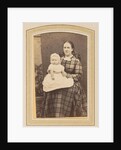 Portrait of a woman in a plaid dress with a baby on lap by E. Steffen