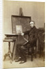Portrait painter sitting near an easel with a portrait, palette and brushes, and a paint box on the table (self-portrait Leonard the Koningh?) by L. de Koningh