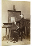 Portrait painter sitting near an easel with a portrait, palette and brushes, and a paint box on the table (self-portrait Leonard the Koningh?) by L. de Koningh