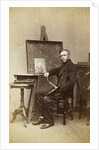 Portrait painter sitting near an easel with a portrait, palette and brushes, and a paint box on the table (self-portrait Leonard the Koningh?) by L. de Koningh