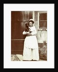 Maid with a dachshund in her arms at an outside tap by Anonymous