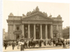 Exterior of the Brussels Stock Exchange with the foreground passersby and horses, seen from Anspach, Belgium by Anonymous