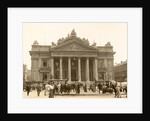 Exterior of the Brussels Stock Exchange with the foreground passersby and horses, seen from Anspach, Belgium by Anonymous