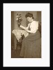 Book Reading woman sitting at a table with a vase of flowers by Anonymous
