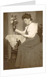 Book Reading woman sitting at a table with a vase of flowers by Anonymous