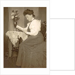 Book Reading woman sitting at a table with a vase of flowers by Anonymous