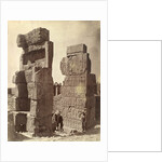 Three men posing with a relief of King Darius at Persepolis by Antoine Sevruguin