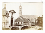 View of a gate, a bridge and a church in Bruges, Belgium by Victor Daveluy