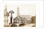 View of a gate, a bridge and a church in Bruges, Belgium by Victor Daveluy