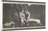 Man and a woman in swimwear on a bench in a forest by Anonymous