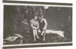 Man and a woman in swimwear on a bench in a forest by Anonymous