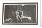 Man and a woman in swimwear on a bench in a forest by Anonymous