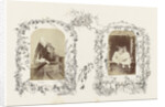 Portrait of Mrs. T. P. and Tom Carter at studio window, bordered by a drawing of flora with fencing and winch by Anonymous