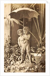 Picture of two children under an umbrella in the midst of plants, exhibited at the Paris, France World Exhibition in 1889 by Anonymous
