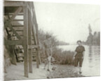 Two women at a stairway on the bank of a river or lake by Anonymous