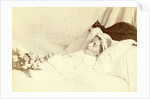 Post mortem portrait of a deceased woman; she is wearing a hat and holding a bunch of roses and a rosary between her clasped hands by Anonymous