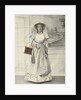 Portrait of a woman in Zaanse costume posing for a background cloth by S. Bakker Jz.