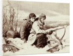 Two hunters in the snow in front of them a moose head by William Notman