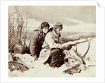 Two hunters in the snow in front of them a moose head by William Notman