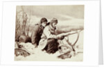 Two hunters in the snow in front of them a moose head by William Notman