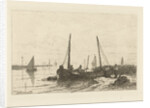 The Zuiderzee. In the foreground, a bank with a fishing boat by Johan Conrad Greive