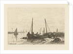 The Zuiderzee. In the foreground, a bank with a fishing boat by Johan Conrad Greive