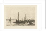 The Zuiderzee. In the foreground, a bank with a fishing boat by Johan Conrad Greive