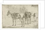 Two saddled horses at an army camp by Dirk Langendijk