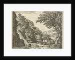 Shepherd with animals at a waterfall by Gerard Melder