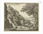 Shepherd with animals at a waterfall by Gerard Melder