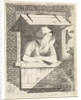 A woman with a hood on the head leaning out a window with horizontal blinds by J.H. Pluygers