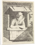 A woman with a hood on the head leaning out a window with horizontal blinds by J.H. Pluygers