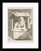 A woman with a hood on the head leaning out a window with horizontal blinds by J.H. Pluygers