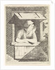 A woman with a hood on the head leaning out a window with horizontal blinds by J.H. Pluygers