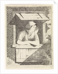 A woman with a hood on the head leaning out a window with horizontal blinds by J.H. Pluygers