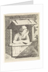 A woman with a hood on the head leaning out a window with horizontal blinds by J.H. Pluygers