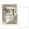 A woman with a hood on the head leaning out a window with horizontal blinds by J.H. Pluygers