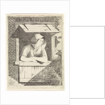 A woman with a hood on the head leaning out a window with horizontal blinds by J.H. Pluygers