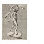Diana as the moon goddess Luna on a cloud, the moon on the forehead, from a series of prints with planets by Pieter Valck