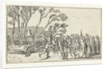 Skaters on the ice at a farm by Claes Jansz. Visscher II