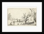 Farm with frozen river with skaters on the ice by Claes Jansz. Visscher II