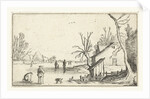 Farm with frozen river with skaters on the ice by Claes Jansz. Visscher II